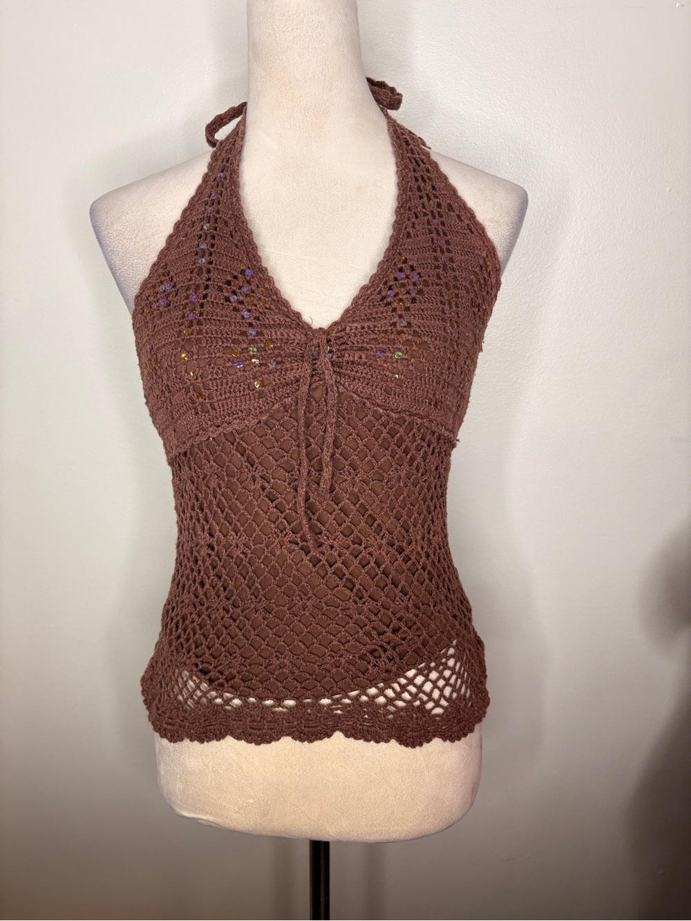 Always Brown Crochet Halter Camisole with Tie Front